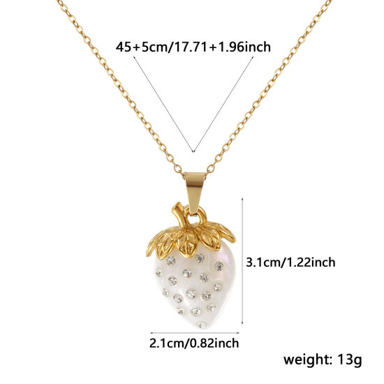 Immagine di 18K Vero Oro Placcato Catena a Cavo Fragola Collana con Ciondolo, Acciaio Inossidabile & Resina 45cm + 5cm, Per Donne, Trasparente Strass Bianco Madreperla, Squisito Dolce & Carino Regalo, Placcatura Sottovuoto PVD Ecologica, 1 Pz