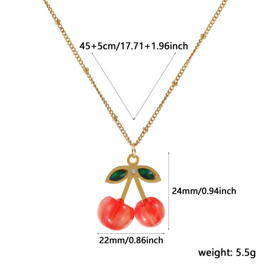 Immagine di 18K Vero Oro Placcato Catena del Barbazzale Ciliegia Collana con Ciondolo, Acciaio Inossidabile & Resina 45cm + 5cm, Per Donne, Verde Strass Rosso Arancione 3D, Squisito Dolce & Carino Regalo, Placcatura Sottovuoto PVD Ecologica, 1 Pz