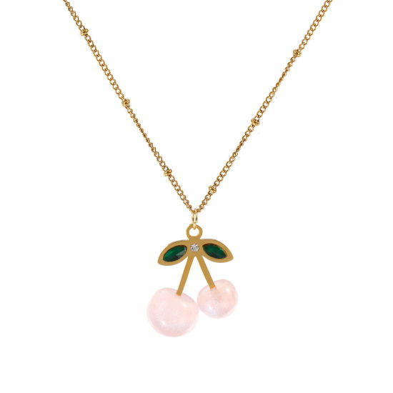 Immagine di 18K Vero Oro Placcato Catena del Barbazzale Ciliegia Collana con Ciondolo, Acciaio Inossidabile & Resina 45cm + 5cm, Per Donne, Verde Strass Rosa Chiaro Madreperla, Squisito Dolce & Carino Regalo, Placcatura Sottovuoto PVD Ecologica, 1 Pz