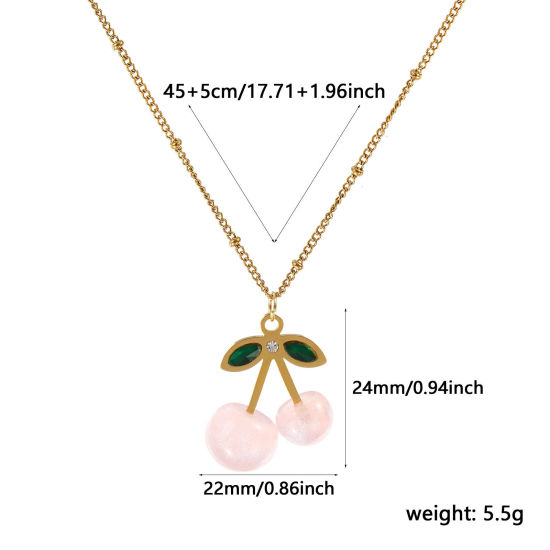Immagine di 18K Vero Oro Placcato Catena del Barbazzale Ciliegia Collana con Ciondolo, Acciaio Inossidabile & Resina 45cm + 5cm, Per Donne, Verde Strass Rosa Chiaro Madreperla, Squisito Dolce & Carino Regalo, Placcatura Sottovuoto PVD Ecologica, 1 Pz