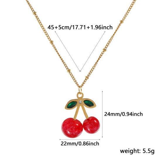 Immagine di 18K Vero Oro Placcato Catena del Barbazzale Ciliegia Collana con Ciondolo, Acciaio Inossidabile & Resina 45cm + 5cm, Per Donne, Verde Strass Rosso Madreperla, Squisito Dolce & Carino Regalo, Placcatura Sottovuoto PVD Ecologica, 1 Pz