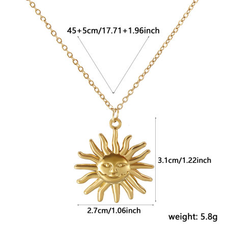 Immagine di 18K Vero Oro Placcato Catena a Cavo Sole Collana con Ciondolo, 304 Acciaio Inossidabile 45cm + 5cm, Per Donne, Galassia Retrò Regalo, Placcatura Sottovuoto PVD Ecologica, 1 Pz