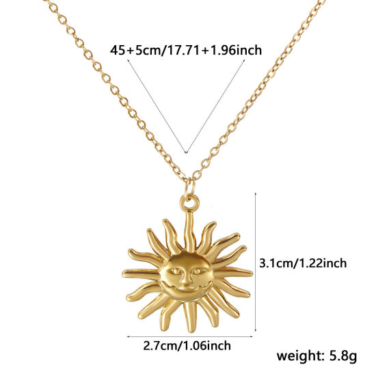 18Kリアルゴールドメッキ 小豆チェーン・あづきチェーン 太陽 ペンダントネックレス、 304ステンレス鋼 45cm + 5cm、 女性のため、 宇宙銀河シリーズ レトロ ビンテージ プレゼント、 エコフレンドリー PVD真空メッキ、 1 本 の画像