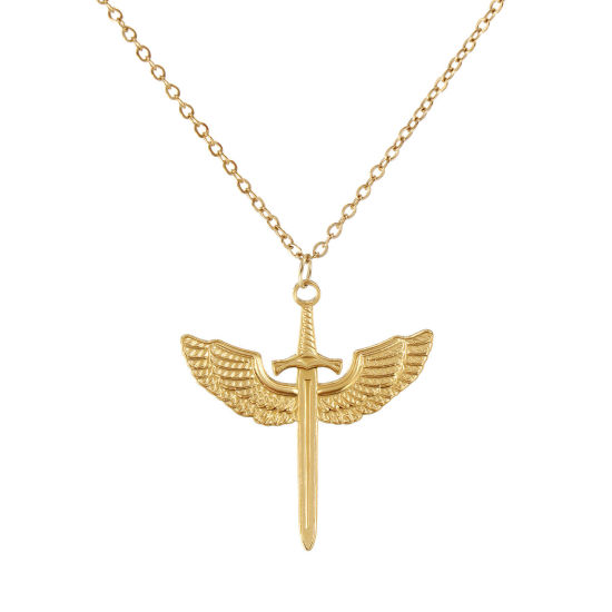18Kリアルゴールドメッキ 小豆チェーン・あづきチェーン 剣 ペンダントネックレス、 304ステンレス鋼 45cm + 5cm、 女性のため、 翼 素敵 ファッション おしゃれ プレゼント、 エコフレンドリー PVD真空メッキ、 1 本 の画像