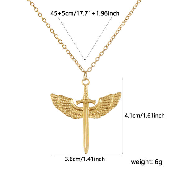 18Kリアルゴールドメッキ 小豆チェーン・あづきチェーン 剣 ペンダントネックレス、 304ステンレス鋼 45cm + 5cm、 女性のため、 翼 素敵 ファッション おしゃれ プレゼント、 エコフレンドリー PVD真空メッキ、 1 本 の画像