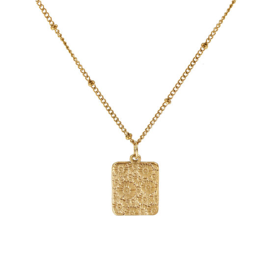 Bild von 18K Echtgold plattiert Panzerkette Kette Rechteck Anhänger Halskette, 304 Edelstahl 45cm + 5cm, Für Frauen, Gänseblümchen Exquisit Retro Geschenk, Umweltfreundliche PVD-Vakuumbeschichtung, 1 Strang