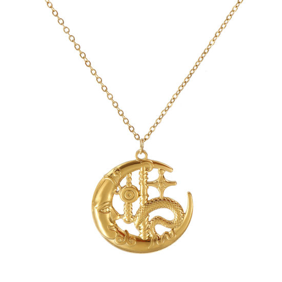 Immagine di 18K Vero Oro Placcato Catena a Cavo Luna Collana con Ciondolo, 304 Acciaio Inossidabile 45cm + 5cm, Per Donne, Serpente Galassia Retrò Regalo, Placcatura Sottovuoto PVD Ecologica, 1 Pz