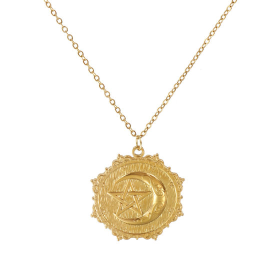 Immagine di 18K Vero Oro Placcato Catena a Cavo Tondo Collana con Ciondolo, 304 Acciaio Inossidabile 45cm + 5cm, Per Donne, Luna Galassia Retrò Regalo, Placcatura Sottovuoto PVD Ecologica, 1 Pz