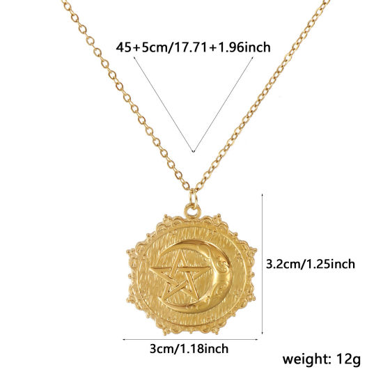 Immagine di 18K Vero Oro Placcato Catena a Cavo Tondo Collana con Ciondolo, 304 Acciaio Inossidabile 45cm + 5cm, Per Donne, Luna Galassia Retrò Regalo, Placcatura Sottovuoto PVD Ecologica, 1 Pz