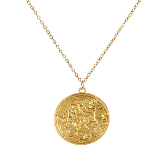 Immagine di 18K Vero Oro Placcato Catena a Cavo Tondo Collana con Ciondolo, 304 Acciaio Inossidabile 45cm + 5cm, Per Donne, Sole e Luna Faccia Galassia Retrò Regalo, Placcatura Sottovuoto PVD Ecologica, 1 Pz