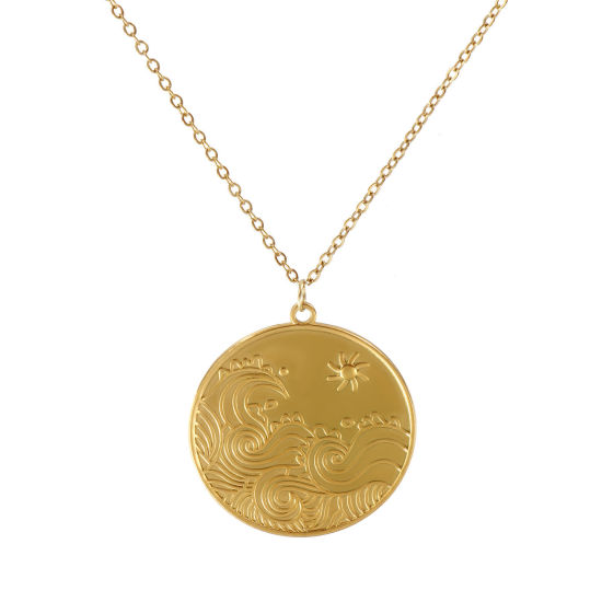 Immagine di 18K Vero Oro Placcato Catena a Cavo Tondo Collana con Ciondolo, 304 Acciaio Inossidabile 45cm + 5cm, Per Donne, Onda Squisito Retrò Regalo, Placcatura Sottovuoto PVD Ecologica, 1 Pz