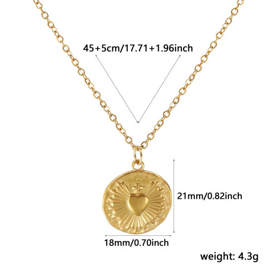Immagine di 18K Vero Oro Placcato Catena a Cavo Tondo Collana con Ciondolo, 304 Acciaio Inossidabile 45cm + 5cm, Per Donne, Ex Voto Cuore Religione Retrò Regalo, Placcatura Sottovuoto PVD Ecologica, 1 Pz