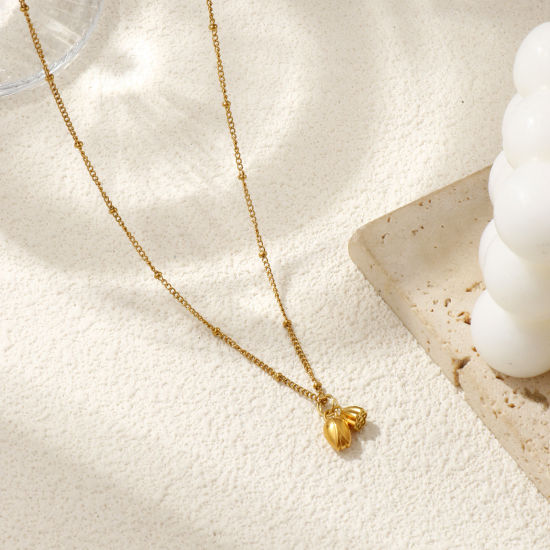 Immagine di 18K Vero Oro Placcato Catena del Barbazzale Fiore Di Loto Collana con Ciondolo, 304 Acciaio Inossidabile 45cm + 5cm, Per Donne, 3D, Squisito Elegante Regalo, Placcatura Sottovuoto PVD Ecologica, 1 Pz