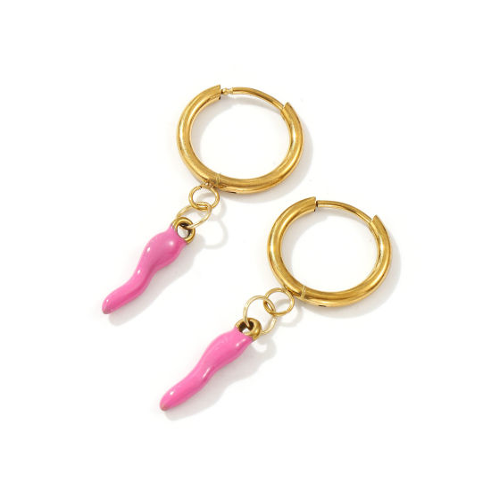 Immagine di 1 Paio Placcatura Sottovuoto PVD Ecologica Elegante Squisito 18K Vero Oro Placcato Rosso Prugna 304 Acciaio Inossidabile Peperone Smalto Orecchini Circolari Per Donne Regalo 3.9cm x 1.6cm, Posta / Filo Dimensione: 1mm(18 misura)