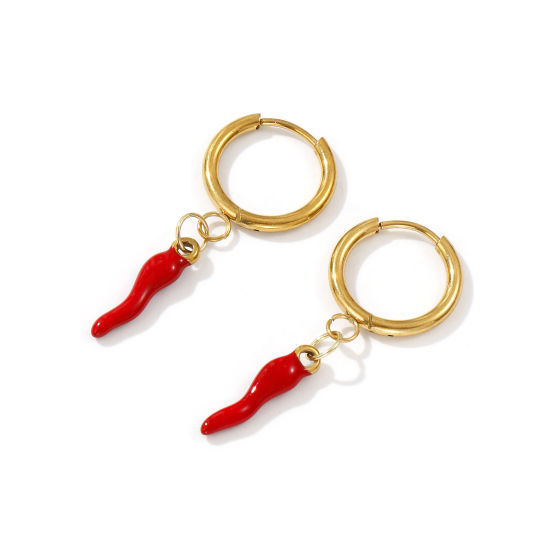 Immagine di 1 Paio Placcatura Sottovuoto PVD Ecologica Elegante Squisito 18K Vero Oro Placcato Rosso 304 Acciaio Inossidabile Peperone Smalto Orecchini Circolari Per Donne Regalo 3.9cm x 1.6cm, Posta / Filo Dimensione: 1mm(18 misura)