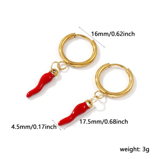 Immagine di 1 Paio Placcatura Sottovuoto PVD Ecologica Elegante Squisito 18K Vero Oro Placcato Rosso 304 Acciaio Inossidabile Peperone Smalto Orecchini Circolari Per Donne Regalo 3.9cm x 1.6cm, Posta / Filo Dimensione: 1mm(18 misura)