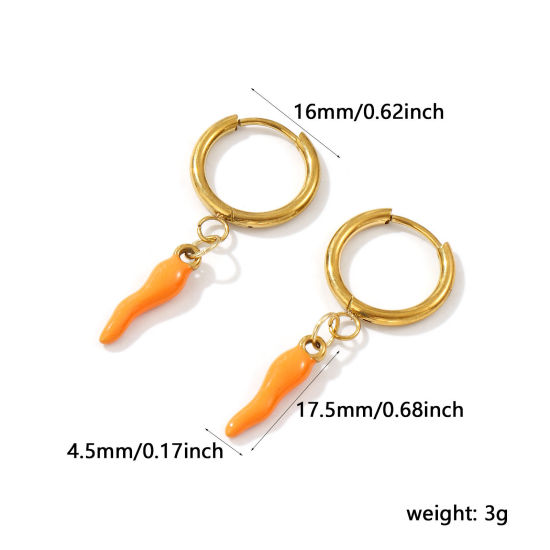 Immagine di 1 Paio Placcatura Sottovuoto PVD Ecologica Elegante Squisito 18K Vero Oro Placcato Arancione 304 Acciaio Inossidabile Peperone Smalto Orecchini Circolari Per Donne Regalo 3.9cm x 1.6cm, Posta / Filo Dimensione: 1mm(18 misura)