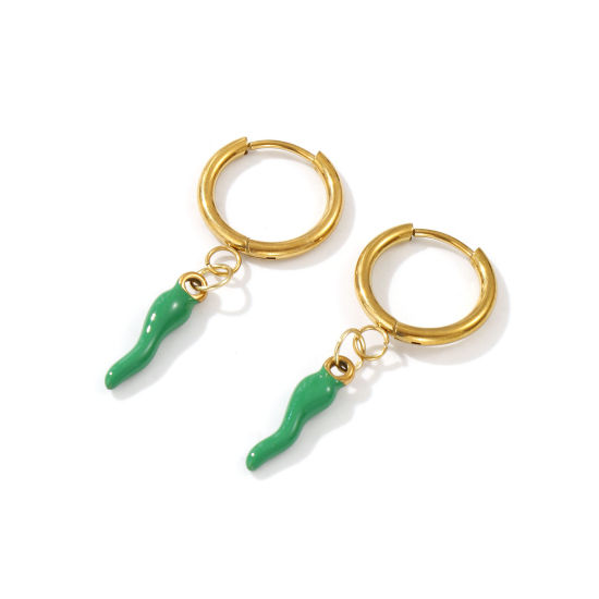 Immagine di 1 Paio Placcatura Sottovuoto PVD Ecologica Elegante Squisito 18K Vero Oro Placcato Verde 304 Acciaio Inossidabile Peperone Smalto Orecchini Circolari Per Donne Regalo 3.9cm x 1.6cm, Posta / Filo Dimensione: 1mm(18 misura)