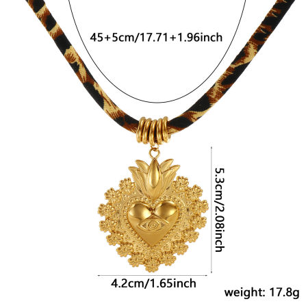Picture of 18K Real Gold Plated Cord Ex Voto Heart Pendant Charm Necklace, 304 Stainless Steel & Polyester 45cm(17.7") + 5cm(2"), Unisex, Leopard Print Religious Retro Gift, Eco-friendly PVD Vacuum Plating, 1 Piece