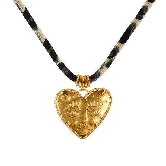 Immagine di 18K Vero Oro Placcato Corda Cuore Collana con Ciondolo, 304 Acciaio Inossidabile & Poliestere 45cm + 5cm, Unisex, Leopardo San Valentino Retrò Regalo, Placcatura Sottovuoto PVD Ecologica, 1 Pz