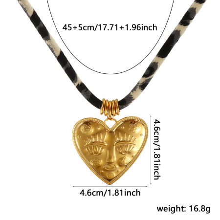 Picture of 18K Real Gold Plated Cord Heart Pendant Charm Necklace, 304 Stainless Steel & Polyester 45cm(17.7") + 5cm(2"), Unisex, Leopard Print Valentine's Day Retro Gift, Eco-friendly PVD Vacuum Plating, 1 Piece