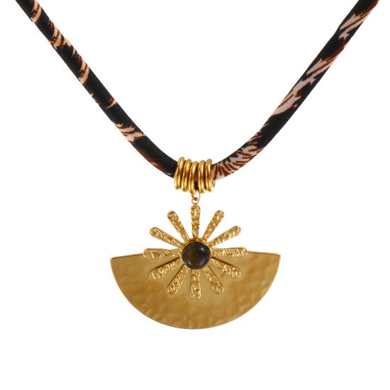 Immagine di 18K Vero Oro Placcato Corda Sole Collana con Ciondolo, 304 Acciaio Inossidabile & Poliestere 45cm + 5cm, Unisex, Leopardo Pietra di Occhi di Tigre Imitazione, Galassia Retrò Regalo, Placcatura Sottovuoto PVD Ecologica, 1 Pz