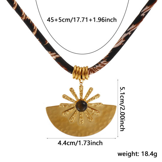 Immagine di 18K Vero Oro Placcato Corda Sole Collana con Ciondolo, 304 Acciaio Inossidabile & Poliestere 45cm + 5cm, Unisex, Leopardo Pietra di Occhi di Tigre Imitazione, Galassia Retrò Regalo, Placcatura Sottovuoto PVD Ecologica, 1 Pz