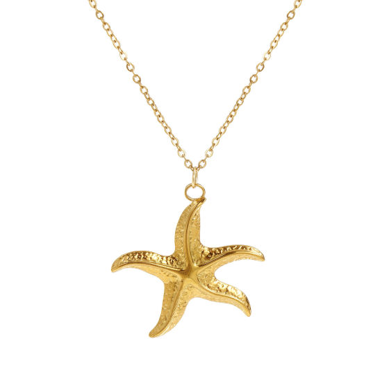 18K Real Gold Plated Link Cable Chain Star Fish Pendant Charm Necklace, 304 Stainless Steel 45cm(17.7") + 5cm(2"), For Women, Ocean Jewelry Stylish Gift, Eco-friendly PVD Vacuum Plating, 1 Piece の画像