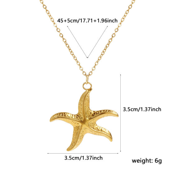 18K Real Gold Plated Link Cable Chain Star Fish Pendant Charm Necklace, 304 Stainless Steel 45cm(17.7") + 5cm(2"), For Women, Ocean Jewelry Stylish Gift, Eco-friendly PVD Vacuum Plating, 1 Piece の画像