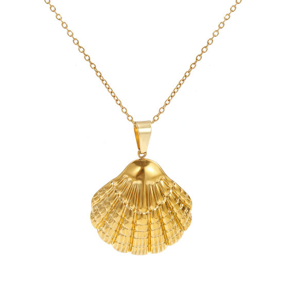 18K Real Gold Plated Link Cable Chain Shell Pendant Charm Necklace, 304 Stainless Steel 45cm(17.7") + 5cm(2"), For Women, Ocean Jewelry Stylish Gift, Eco-friendly PVD Vacuum Plating, 1 Piece の画像