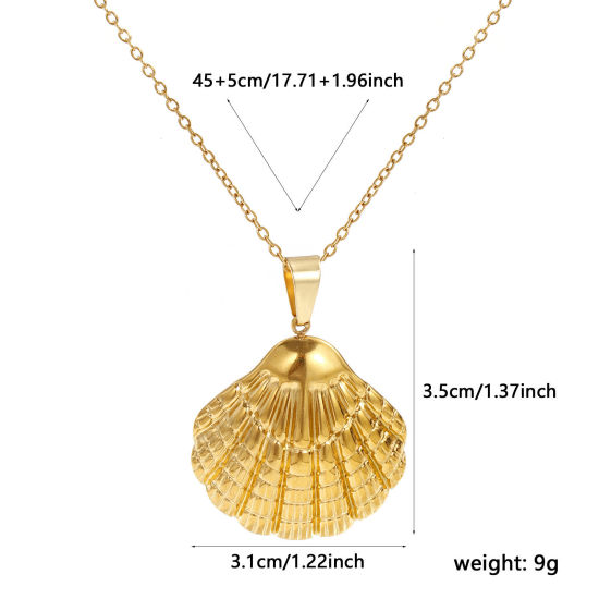 18K Real Gold Plated Link Cable Chain Shell Pendant Charm Necklace, 304 Stainless Steel 45cm(17.7") + 5cm(2"), For Women, Ocean Jewelry Stylish Gift, Eco-friendly PVD Vacuum Plating, 1 Piece の画像
