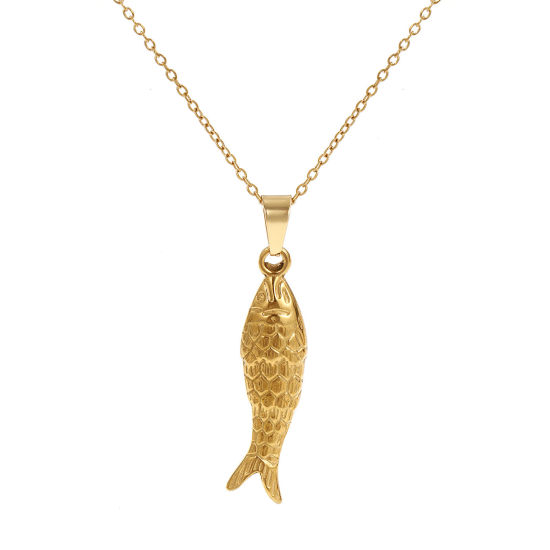 18K Real Gold Plated Link Cable Chain Goldfish Pendant Charm Necklace, 304 Stainless Steel 45cm(17.7") + 5cm(2"), For Women, 3D, Ocean Jewelry Stylish Gift, Eco-friendly PVD Vacuum Plating, 1 Piece の画像
