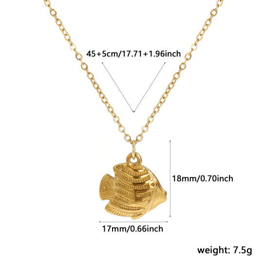 18K Real Gold Plated Link Cable Chain Tropical Fish Pendant Charm Necklace, 304 Stainless Steel 45cm(17.7") + 5cm(2"), For Women, 3D, Ocean Jewelry Stylish Gift, Eco-friendly PVD Vacuum Plating, 1 Piece の画像