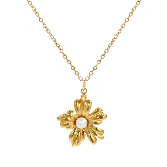 Immagine di 18K Real Gold Plated Link Cable Chain Flower Pendant Charm Necklace, 304 Stainless Steel & Natural Pearl 45cm(17.7") + 5cm(2"), For Women, White Exquisite Stylish Gift, Eco-friendly PVD Vacuum Plating, 1 Piece