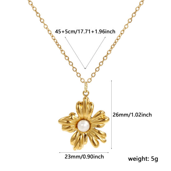 Immagine di 18K Real Gold Plated Link Cable Chain Flower Pendant Charm Necklace, 304 Stainless Steel & Natural Pearl 45cm(17.7") + 5cm(2"), For Women, White Exquisite Stylish Gift, Eco-friendly PVD Vacuum Plating, 1 Piece