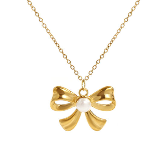 Immagine di 18K Real Gold Plated Link Cable Chain Bowknot Pendant Charm Necklace, 304 Stainless Steel & Natural Pearl 45cm(17.7") + 5cm(2"), For Women, White Clothes Stylish Gift, Eco-friendly PVD Vacuum Plating, 1 Piece