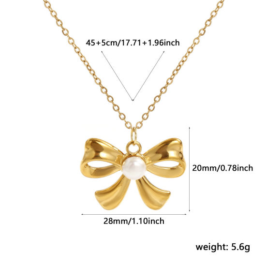 Immagine di 18K Real Gold Plated Link Cable Chain Bowknot Pendant Charm Necklace, 304 Stainless Steel & Natural Pearl 45cm(17.7") + 5cm(2"), For Women, White Clothes Stylish Gift, Eco-friendly PVD Vacuum Plating, 1 Piece