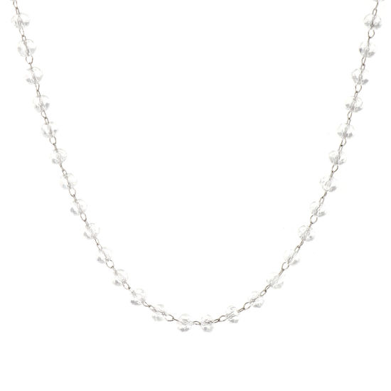 Изображение 1 ШТ Серебряный Тон Цепочка из бисера Ожерелья, 304 Нержавеющая Сталь & Железо 38см + 5см, Для женщин, апрель Прозрачный Камень рождения Простой подарок, Экологичный