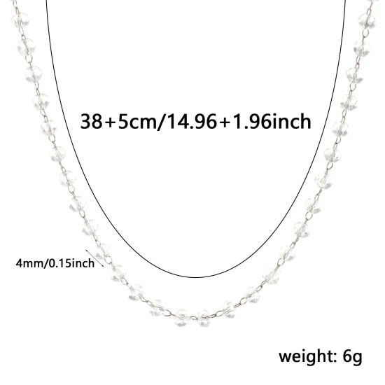 Изображение 1 ШТ Серебряный Тон Цепочка из бисера Ожерелья, 304 Нержавеющая Сталь & Железо 38см + 5см, Для женщин, апрель Прозрачный Камень рождения Простой подарок, Экологичный
