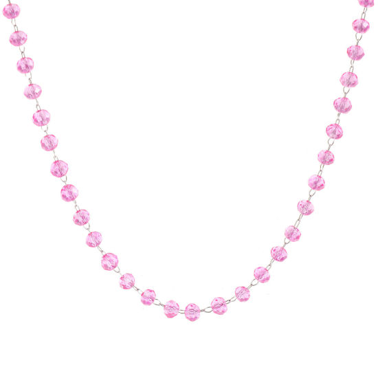 Изображение 1 ШТ Серебряный Тон Цепочка из бисера Ожерелья, 304 Нержавеющая Сталь & Железо 38см + 5см, Для женщин, июль Ярко-розовый Камень рождения Простой подарок, Экологичный