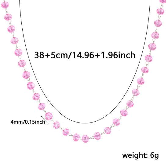 Изображение 1 ШТ Серебряный Тон Цепочка из бисера Ожерелья, 304 Нержавеющая Сталь & Железо 38см + 5см, Для женщин, июль Ярко-розовый Камень рождения Простой подарок, Экологичный