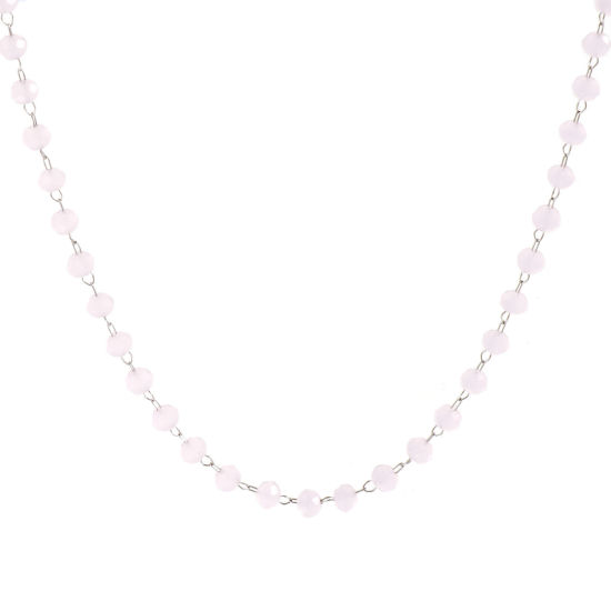 Изображение 1 ШТ Серебряный Тон Цепочка из бисера Ожерелья, 304 Нержавеющая Сталь & Железо 38см + 5см, Для женщин, октября Светло-розовый Камень рождения Простой подарок, Экологичный