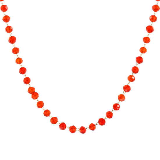 Изображение 1 ШТ 18K позолоченный Цепочка из бисера Ожерелья, 304 Нержавеющая Сталь & Железо 38см + 5см, Для женщин, январь Оранжево-красный Камень рождения Простой подарок, Экологичное вакуумное PVD-покрытие