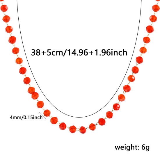 Изображение 1 ШТ 18K позолоченный Цепочка из бисера Ожерелья, 304 Нержавеющая Сталь & Железо 38см + 5см, Для женщин, январь Оранжево-красный Камень рождения Простой подарок, Экологичное вакуумное PVD-покрытие