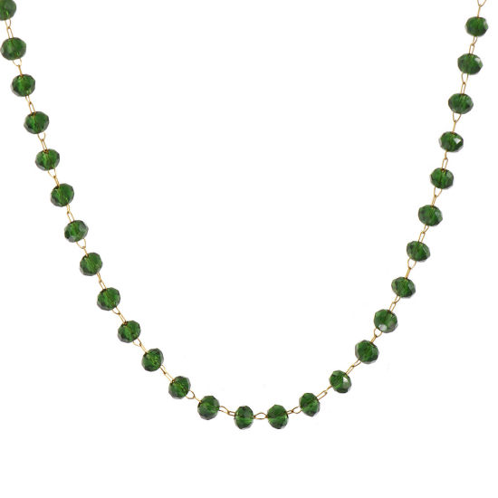 Изображение 1 ШТ 18K позолоченный Цепочка из бисера Ожерелья, 304 Нержавеющая Сталь & Железо 38см + 5см, Для женщин, май Темно-зеленый Камень рождения Простой подарок, Экологичное вакуумное PVD-покрытие