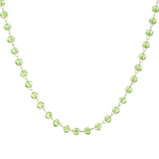 Изображение 1 ШТ 18K позолоченный Цепочка из бисера Ожерелья, 304 Нержавеющая Сталь & Железо 38см + 5см, Для женщин, августейший Светло-зеленый Камень рождения Простой подарок, Экологичное вакуумное PVD-покрытие