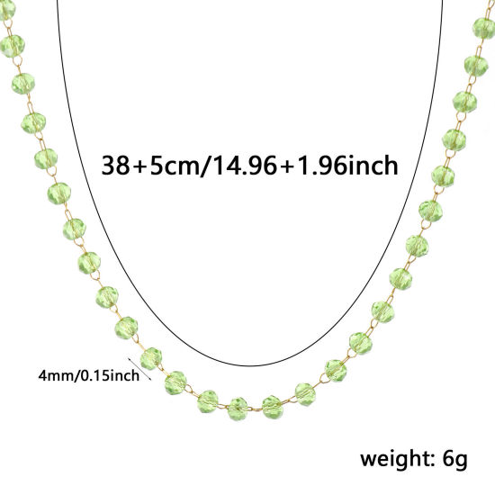 Изображение 1 ШТ 18K позолоченный Цепочка из бисера Ожерелья, 304 Нержавеющая Сталь & Железо 38см + 5см, Для женщин, августейший Светло-зеленый Камень рождения Простой подарок, Экологичное вакуумное PVD-покрытие
