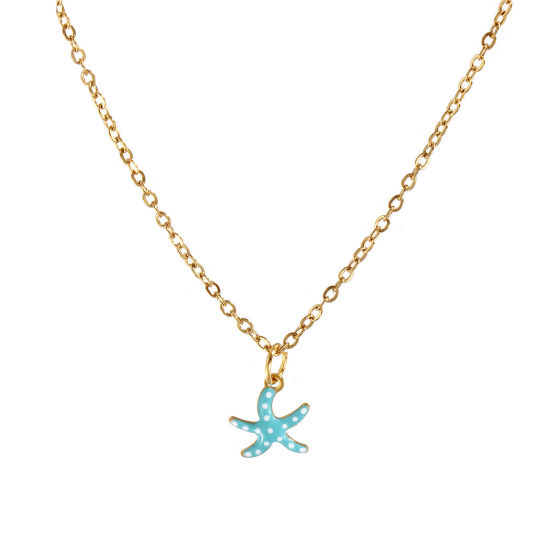 Immagine di 18K Real Gold Plated Rolo Chain Star Fish Pendant Charm Necklace, Stainless Steel 45cm(17.7") + 5cm(2"), For Women, Spot Mint Green Enamel Ocean Jewelry Sweet & Cute Gift, Eco-friendly PVD Vacuum Plating, 1 Piece