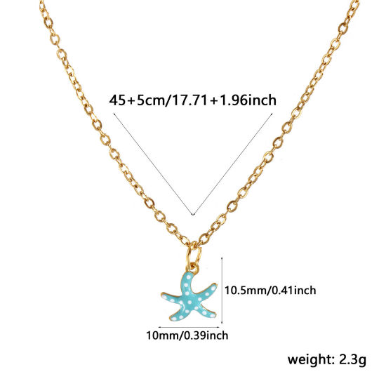 Immagine di 18K Real Gold Plated Rolo Chain Star Fish Pendant Charm Necklace, Stainless Steel 45cm(17.7") + 5cm(2"), For Women, Spot Mint Green Enamel Ocean Jewelry Sweet & Cute Gift, Eco-friendly PVD Vacuum Plating, 1 Piece