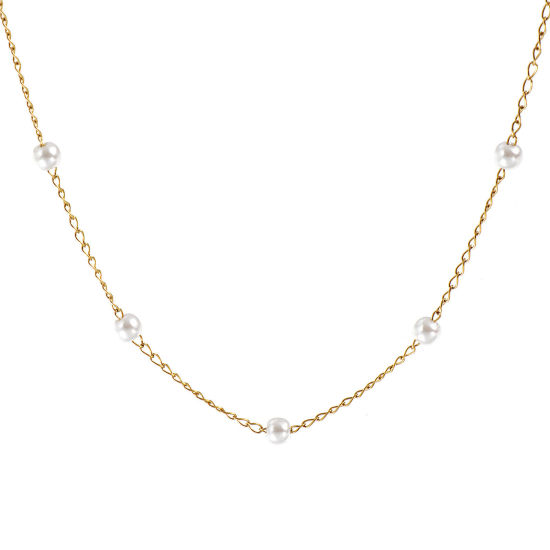 Bild von 1 Strang 18K Echtgold plattiert Perlenkette Halskette, 304 Edelstahl & Acryl 45cm + 5cm, Kettengröße: 1.4mm, Für Frauen, Weiß Acryl Imitat Perle, Minimalistisch Exquisit Geschenk, Umweltfreundlich